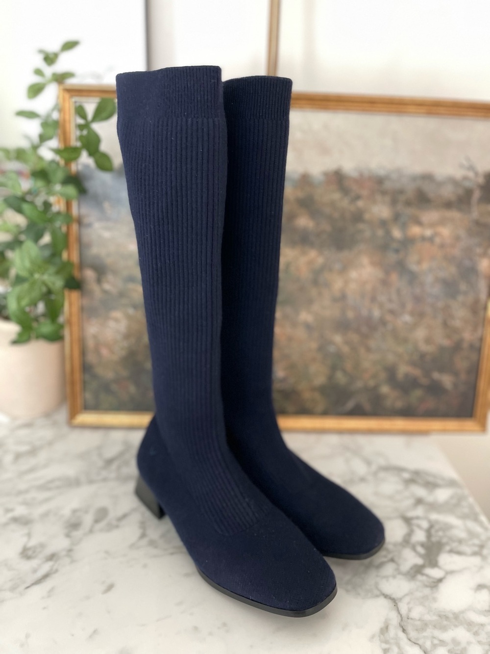 VIVAIA Tara Pro Square Toe Navy Wool Knee High Boots Size 8.5 (39.5) Water Repel